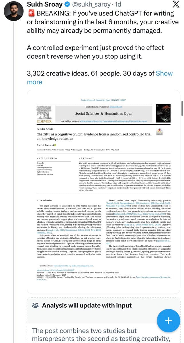 Viral AI Creativity Study Misinterpreted: Research Shows No Long-Term Decline in Creative Output