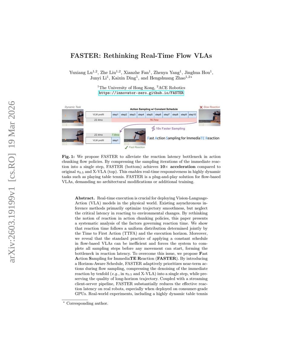 FASTER Method Compresses Multi-Step Denoising to Single Step, Enabling 10x Faster Action Sampling for Real-Time VLAs