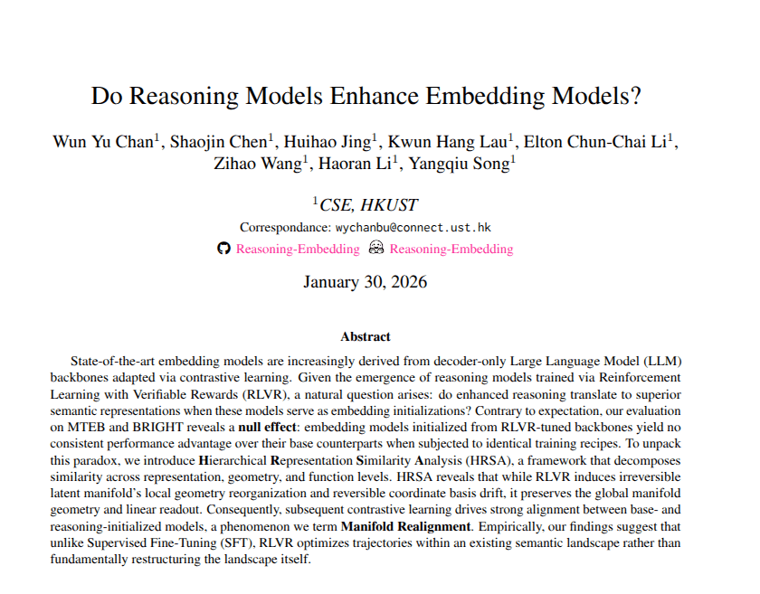Reasoning Training Fails to Improve Embedding Quality: Study Finds No Transfer to General Language Understanding