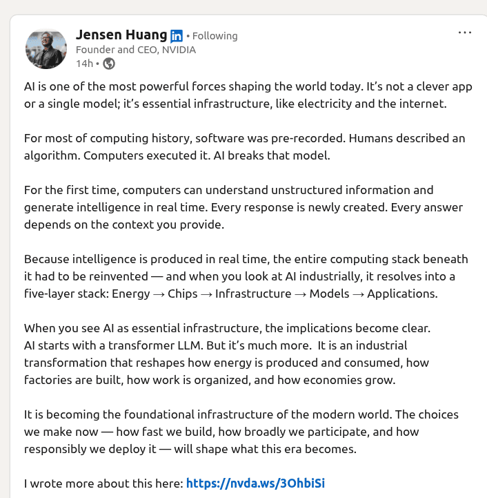 Jensen Huang's '5-Layer Cake': Nvidia CEO Redefines AI as Industrial Infrastructure