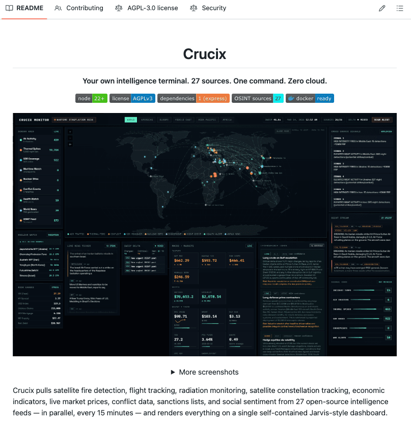 Crucix: Open-Source Personal Intelligence Terminal Aggregates 26 OSINT Feeds Locally