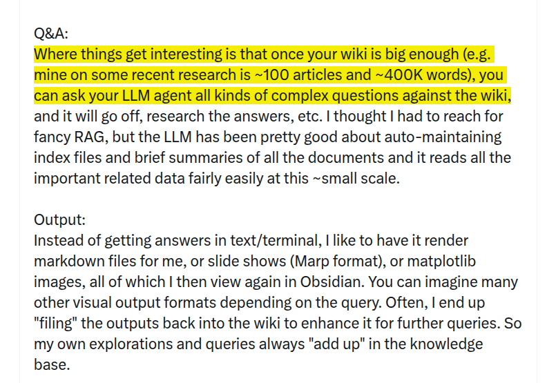 Andrej Karpathy's Personal Knowledge Management System Uses LLM Embeddings Without RAG for 400K-Word Research Base