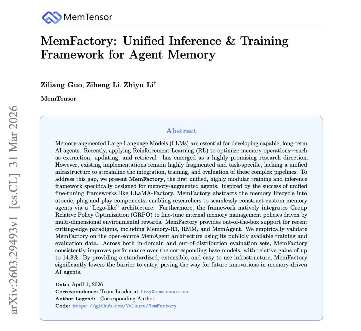 MemFactory Framework Unifies Agent Memory Training & Inference, Reports 14.8% Gains Over Baselines