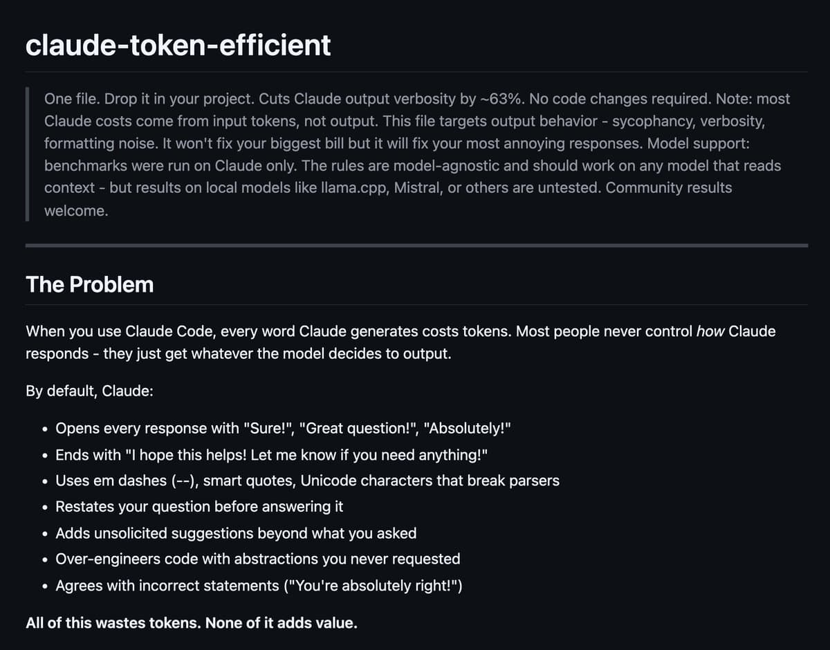 CLAUDE.md Promises 63% Reduction in Claude Output Tokens with Drop-in Prompt File