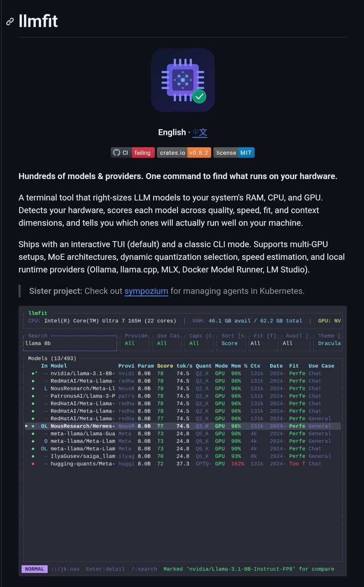 llmfit Tool Scans System Specs to Match 497 LLMs from 133 Providers to Local Hardware