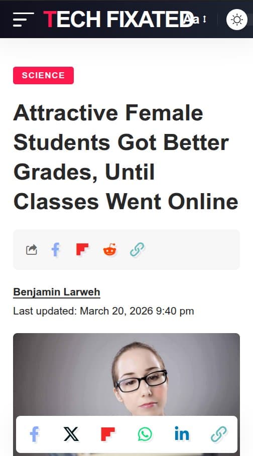 Swedish Study: Attractive Female Students' Grade Premium Vanished in Online Classes, Male Premium Persisted