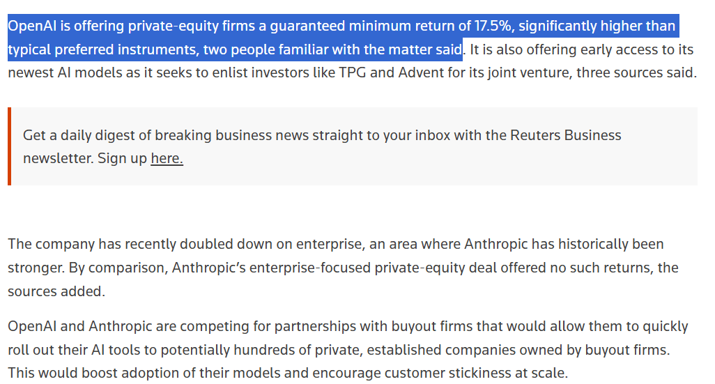 OpenAI Offers 17.5% Guaranteed Return, Early Model Access to Private Equity Firms for Enterprise Deals