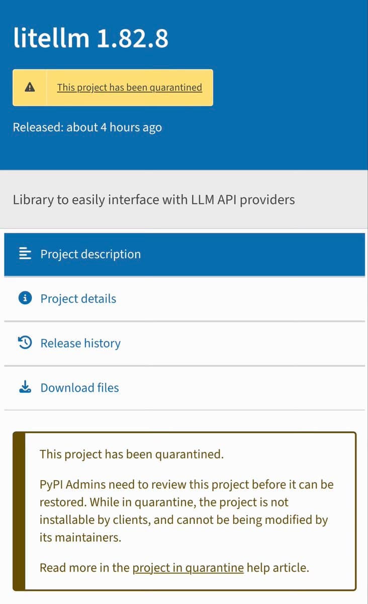 PyPI Quarantines LiteLLM Package After Supply Chain Attack Compromises AI Integration Tool