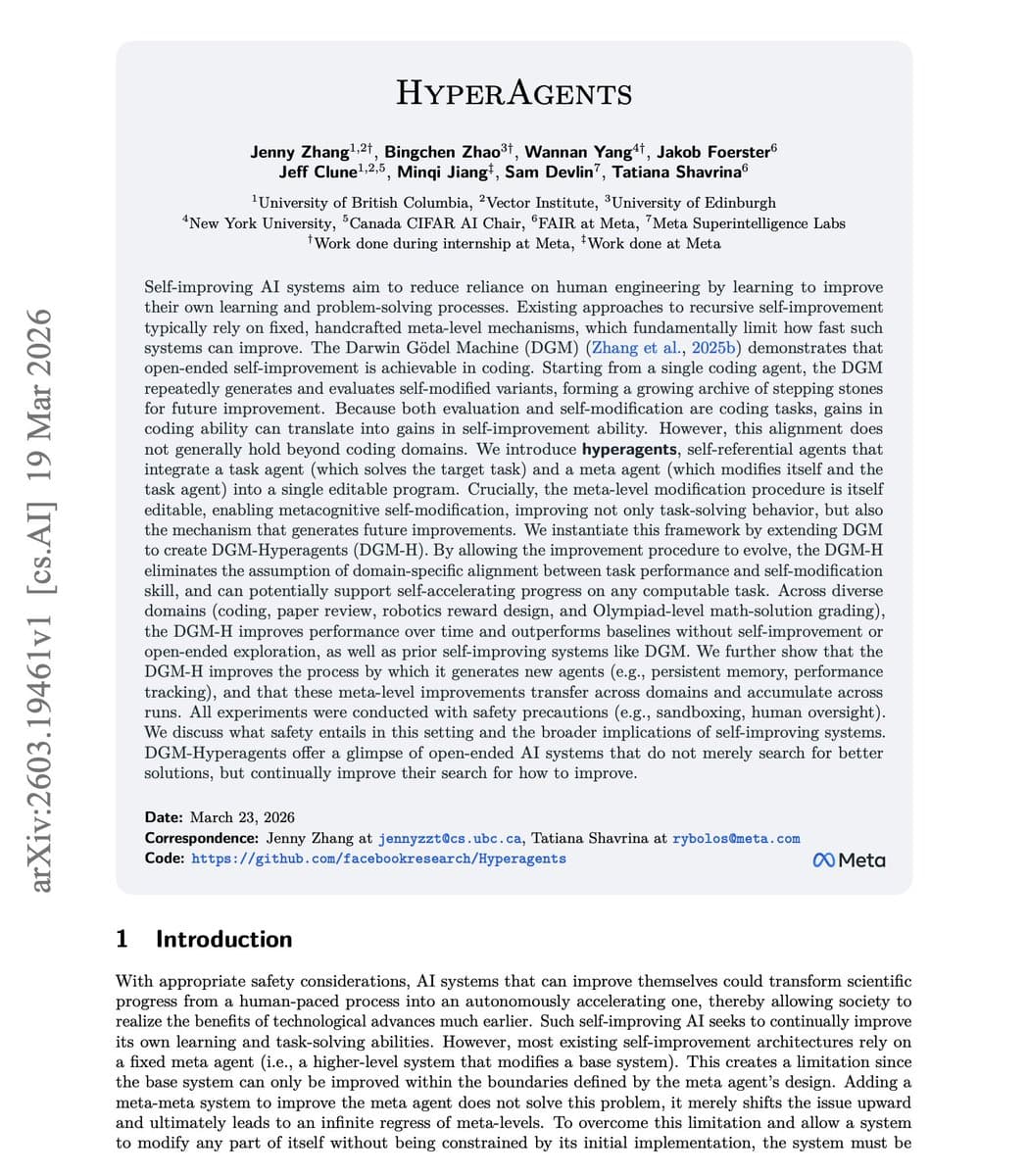 Meta's Hyperagents Enable Self-Referential AI Improvement, Achieving 0.710 Accuracy on Paper Review