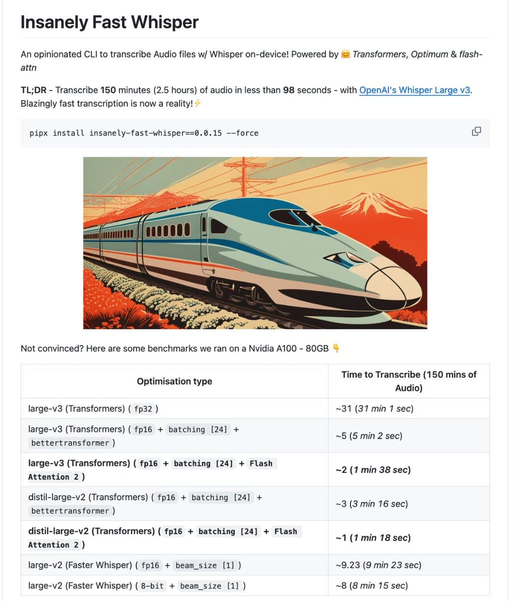 Insanely Fast Whisper CLI Transcribes 2.5 Hours of Audio in 98 Seconds with Flash Attention 2