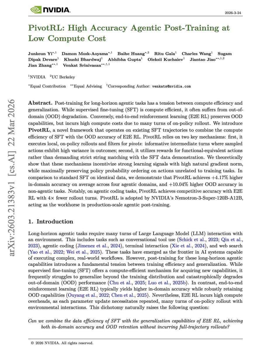 NVIDIA's PivotRL Cuts Agent RL Training Costs 5.5x, Matches Full RL Performance on SWE-Bench