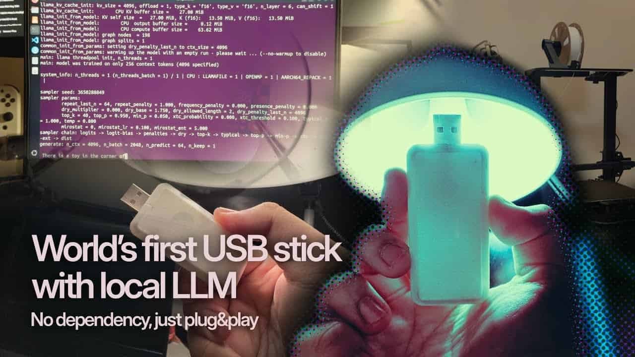 A compact USB stick plugged into a laptop, with abstract digital patterns on the screen suggesting local AI…