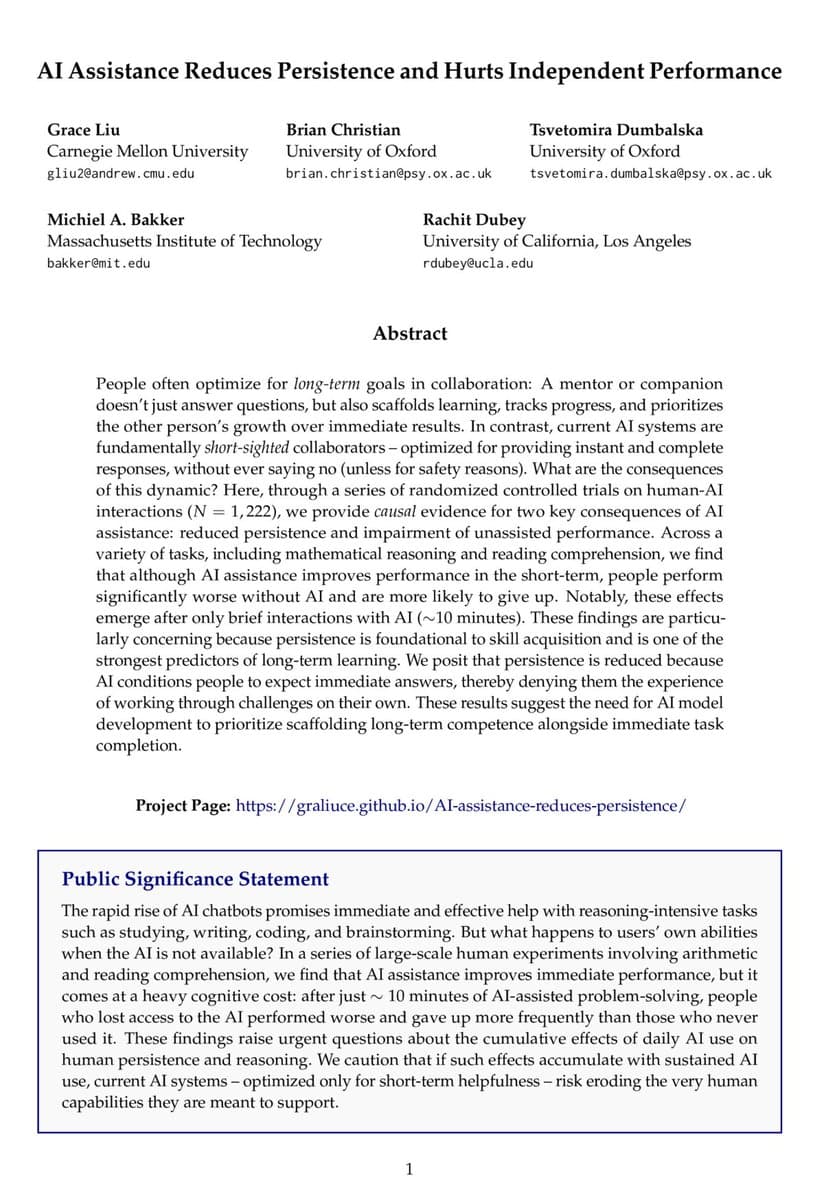 Study: 10 Minutes with ChatGPT Cuts Problem-Solving Rate from 73% to 57%