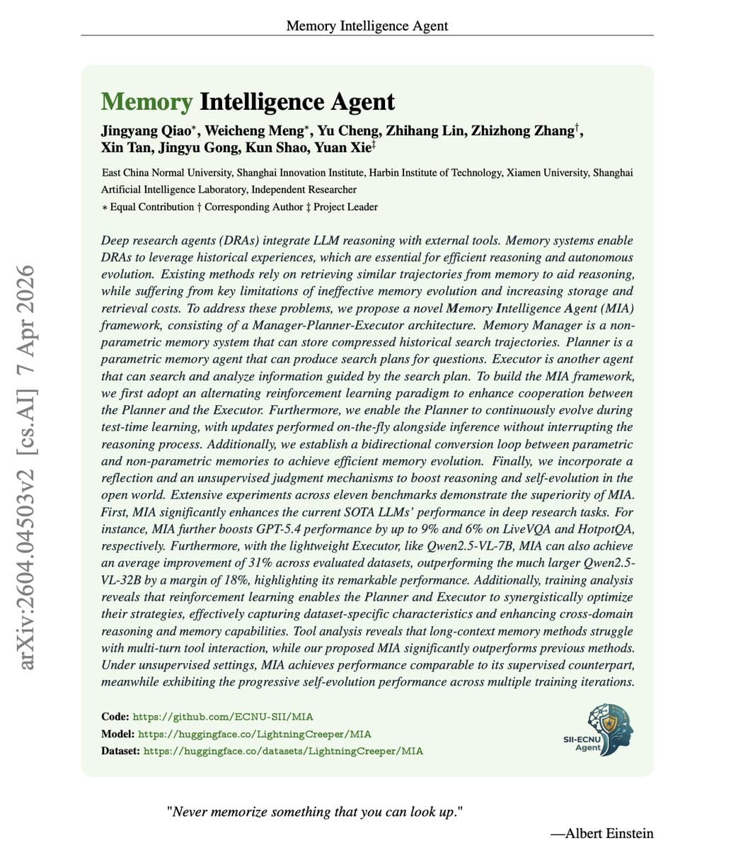 MIA Framework Boosts GPT-5.4 by 9% on LiveVQA with Bidirectional Memory