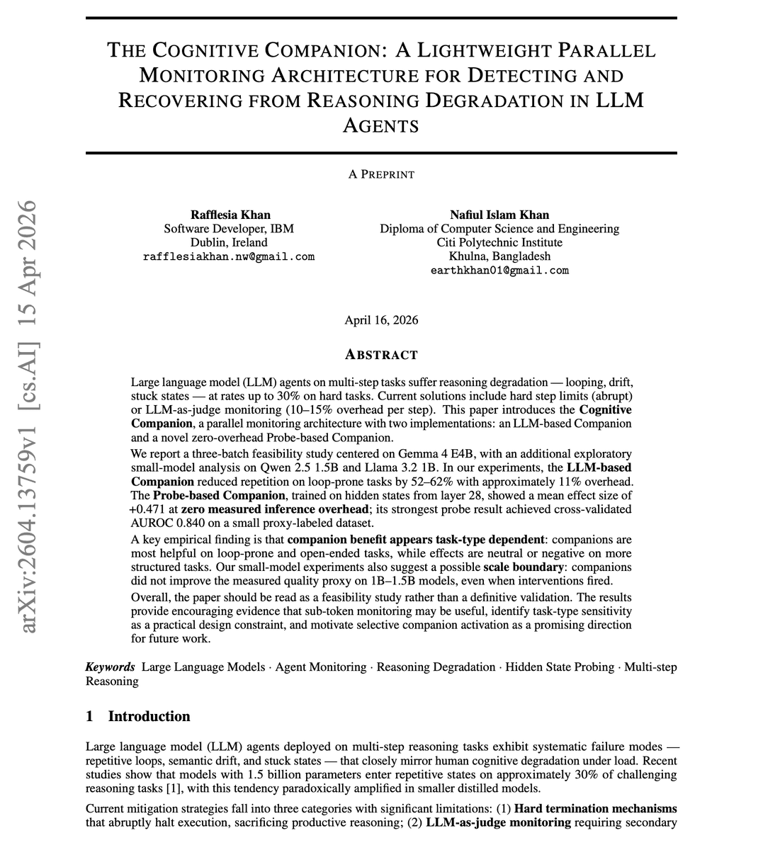 Cognitive Companion Monitors LLM Agent Reasoning with Zero Overhead